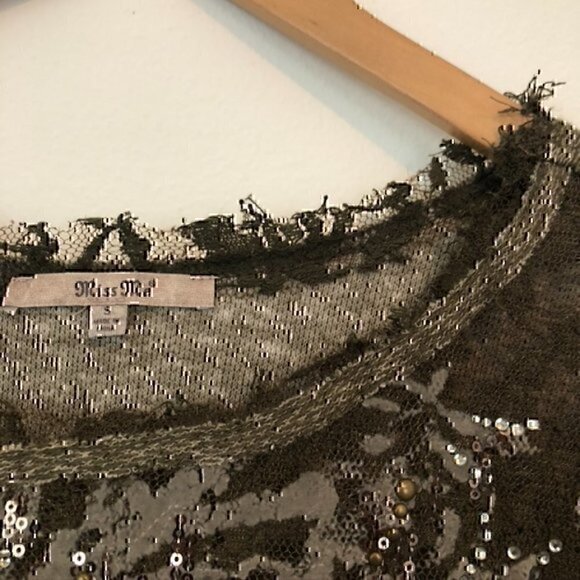 MISS ME Lace Front Sweatshirt Olive Green Pullover Mixed Media Material Crewneck - Picture 7 of 11